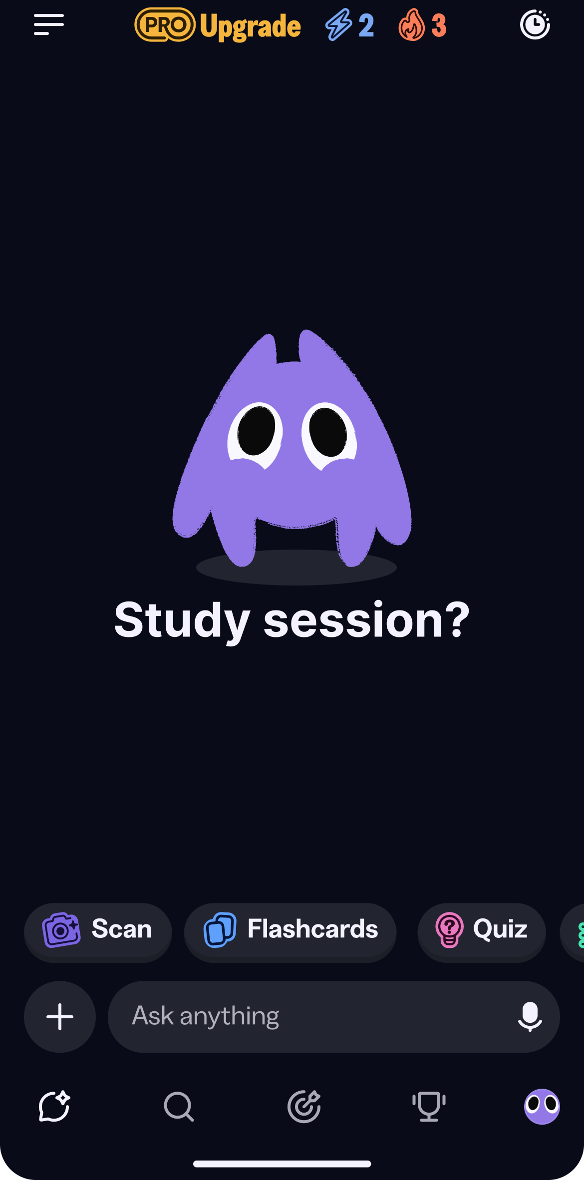 Knowunity home screen. Knowie asks "Study session?", above Scan, Flashcards and Quiz shortcuts, an Ask anything field and the tab bar.
