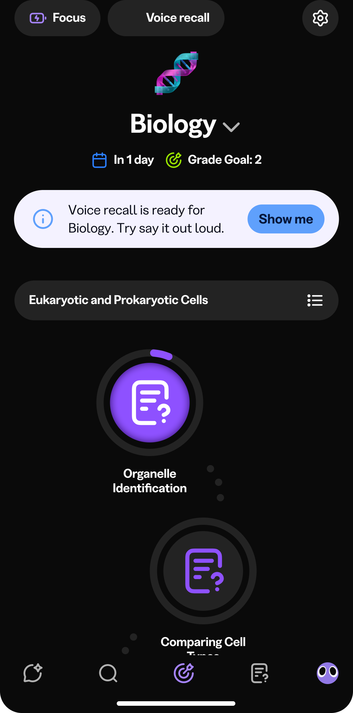 Biology exam plan. A banner reads "Voice recall is ready for Biology. Try say it out loud." with a Show me button, above the Eukaryotic and Prokaryotic Cells section: Organelle Identification and Comparing Cell Types.