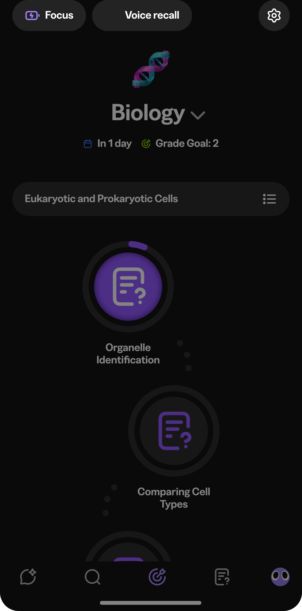 The Biology exam plan dimmed, with Knowie below the Voice recall chip at the top, pointing it out.