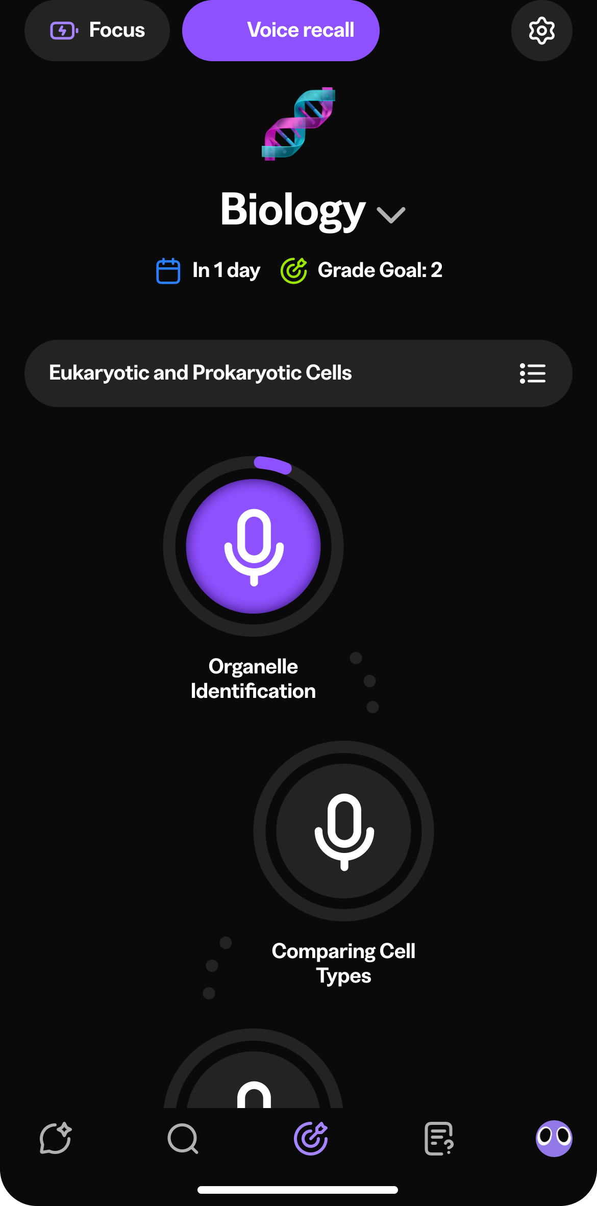 Biology exam plan with Voice recall on. The Organelle Identification and Comparing Cell Types nodes each show a microphone.
